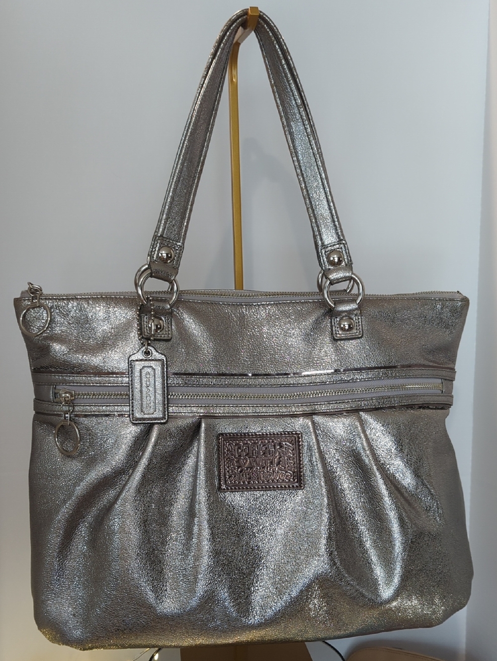 Coach Poppy Glam Metallic Y2k Silver Leather Tote Bag Purse 14x16 approx